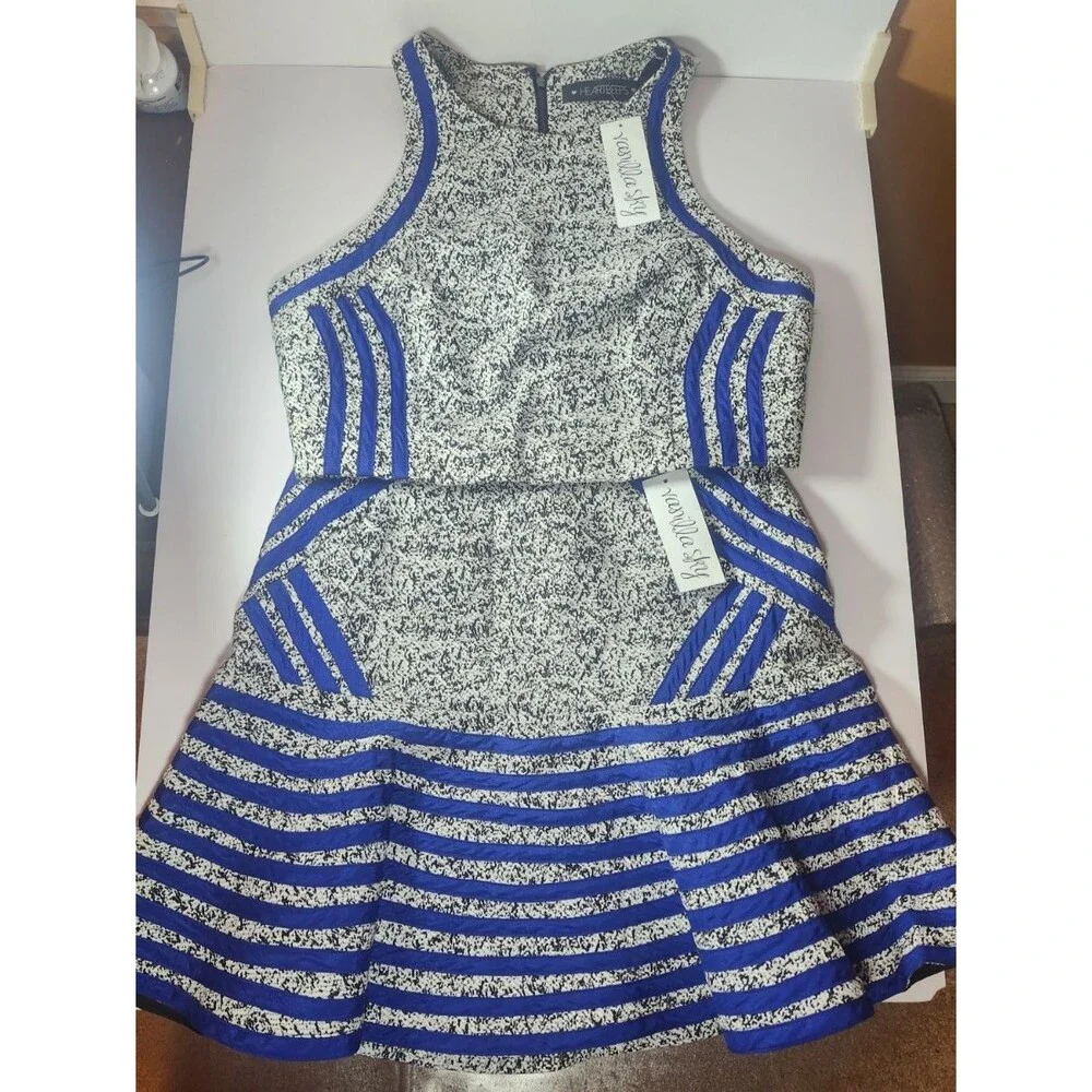 Heart Beeps 2 Pc Vest & Skirt Set Size L Black & White Speckle W Blue Stripe NWT